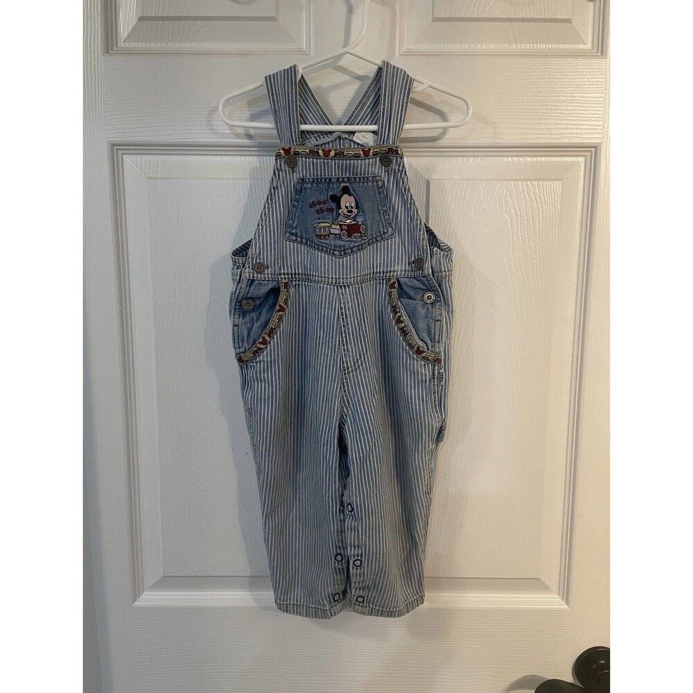 Vintage Y2K 90s Baby Mickey Mouse Denim Stripe Overall Train 18 Months